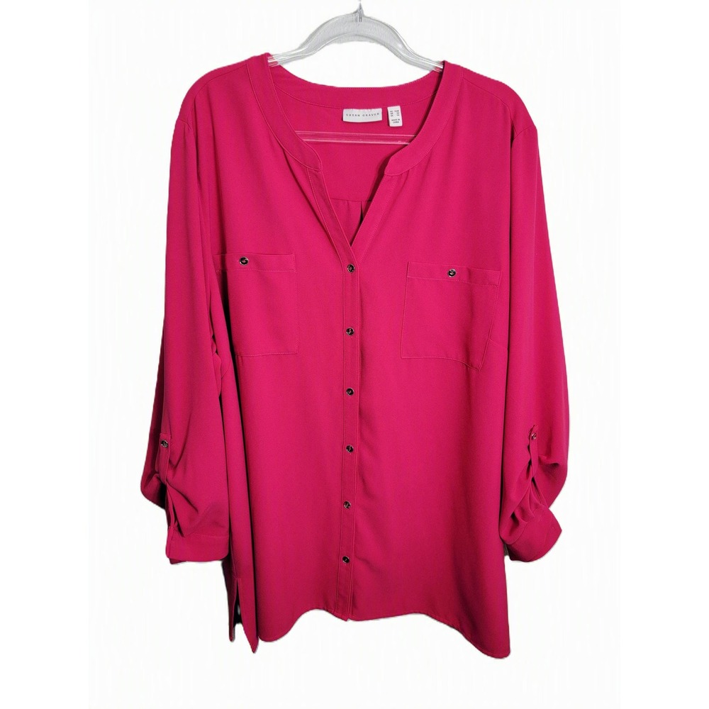 Susan Graver Women 26W Blouse Magenta Pink Button Down Roll Tab Sleeve Stretch